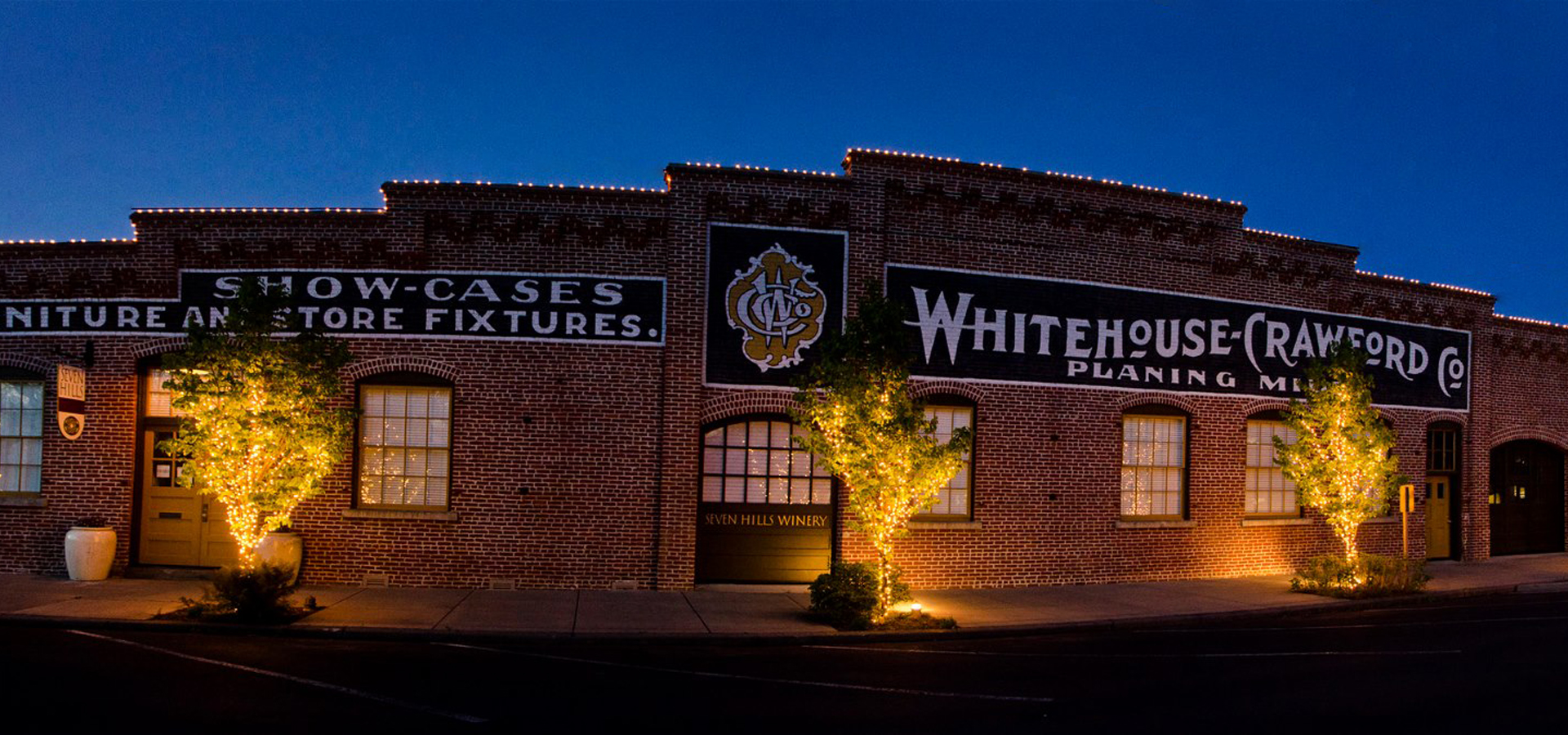 Seven Hills Winery building front at Night