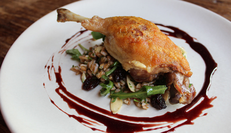 Duck Confit with Cherry-Balsamic Glaze and Farro Salad