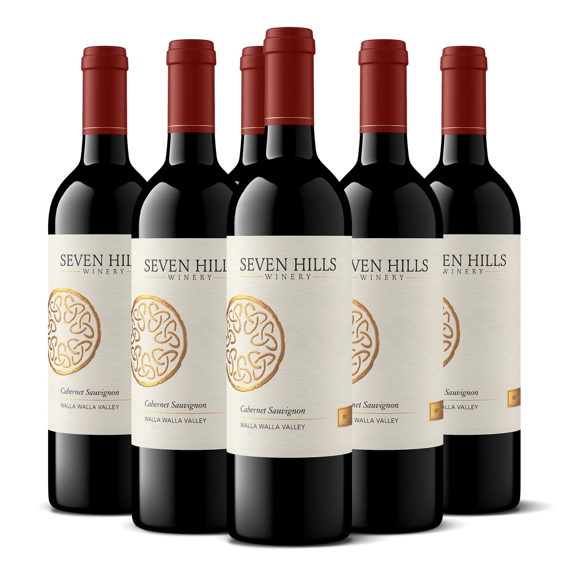 Six bottles of Washington’s Finest Wine, labeled Seven Hills Winery Cabernet Sauvignon, Walla Walla Valley, stand side by side with cream-colored labels featuring a gold decorative design and deep red bottle caps—a classic wine gift for any occasion.
