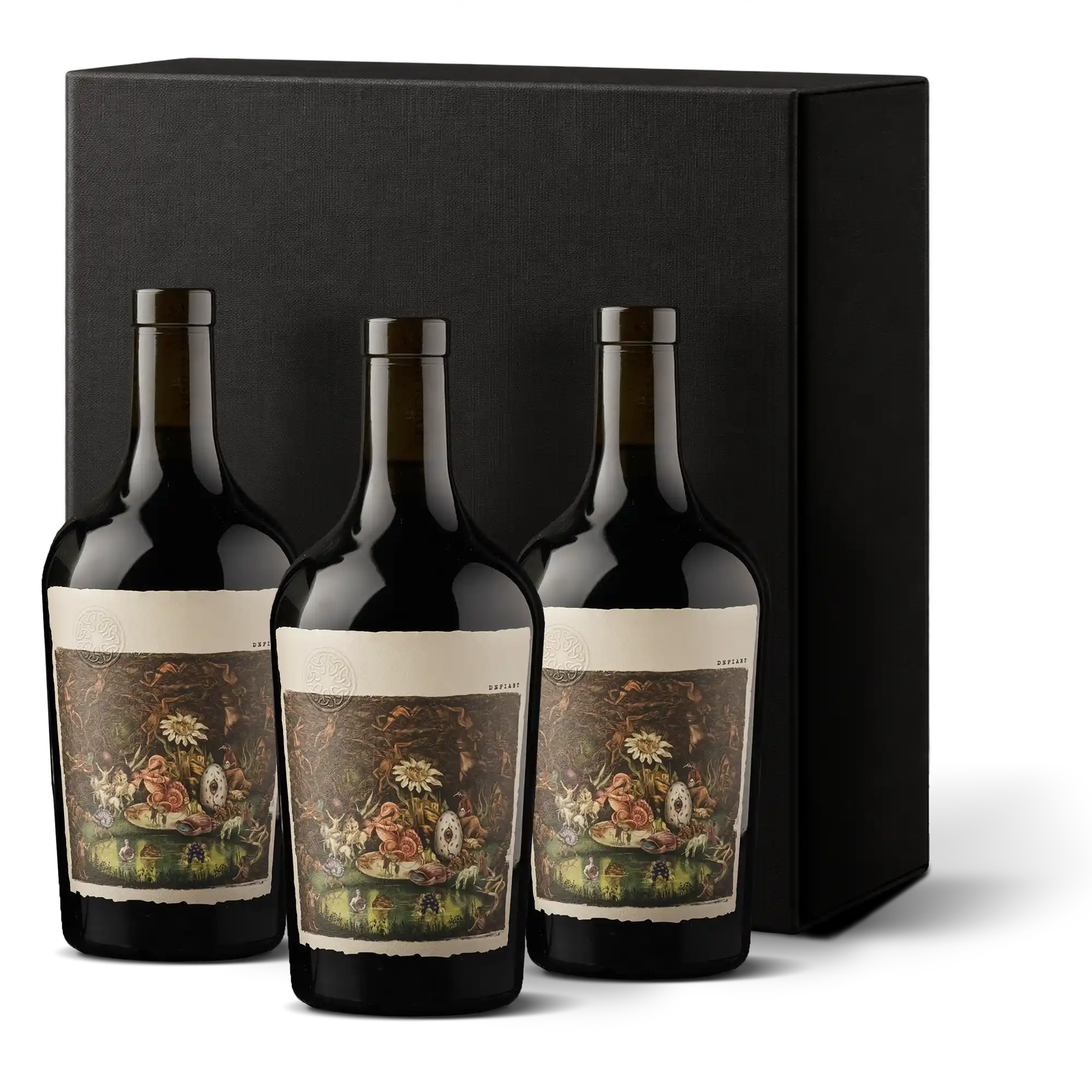 Three wine bottles with ornate labels featuring a floral and figure design are displayed in front of a tall, matte black gift box—an elegant presentation that’s perfect as Washington’s Finest Wine Gift.