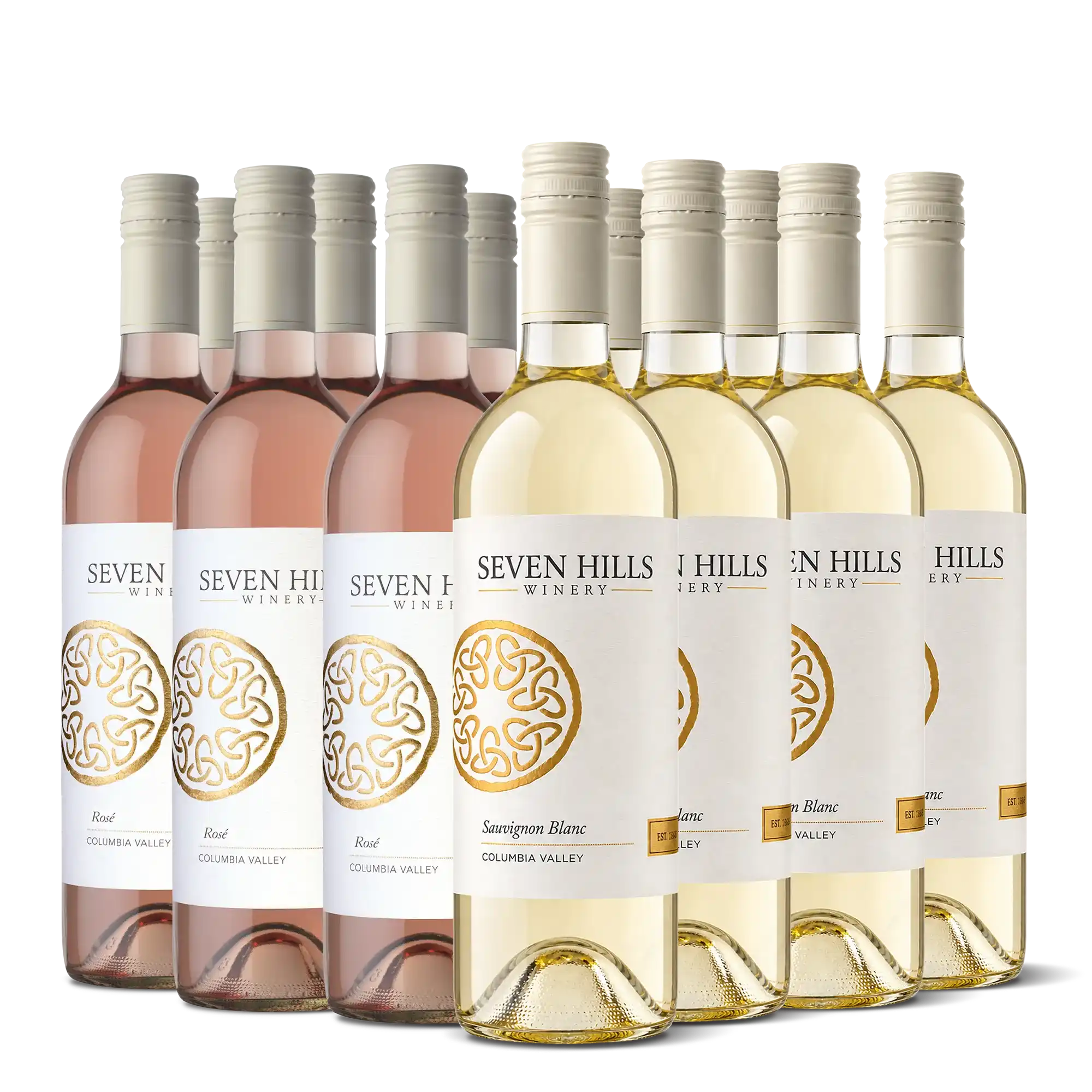 Nine wine bottles from Seven Hills Winery, Washington’s Finest Wine, with three rosé bottles on the left and six sauvignon blanc bottles on the right, arranged in three rows on a white background—a perfect wine gift for any occasion.
