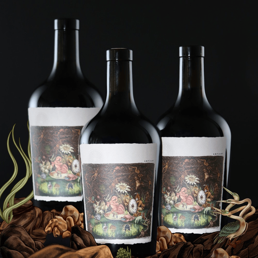 Three dark wine bottles with artistic labels featuring a detailed, whimsical scene, set against a black background. Brown and green plants surround the bottles at the bottom, creating an earthy, natural feel.