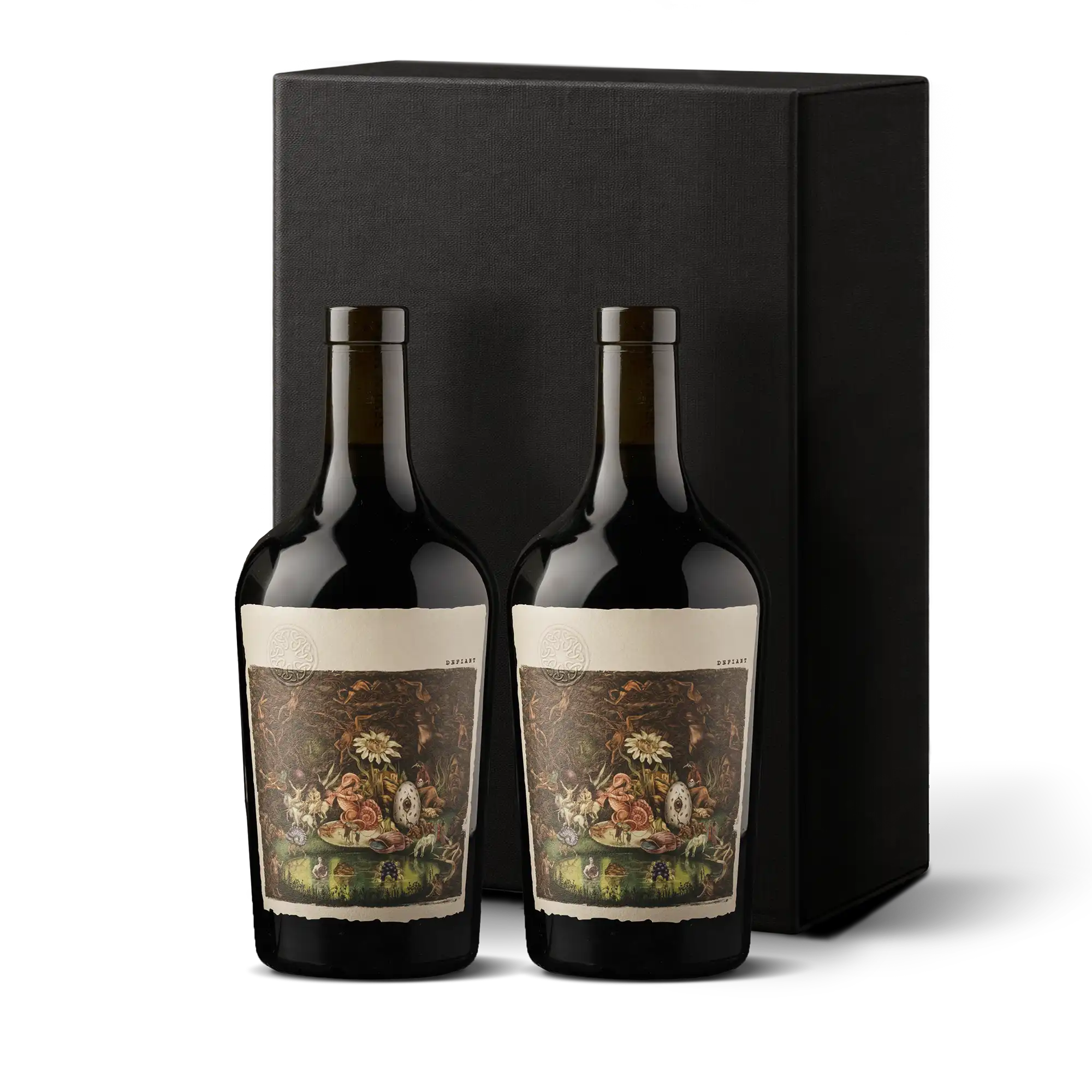 Two dark wine bottles with ornate, vintage-style labels featuring fruit and flowers are placed in front of a tall, matte black gift box—an elegant presentation for Washington’s Finest Wine Gift.