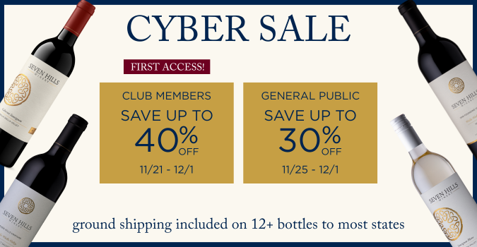 Promotional banner for a Cyber Sale on wine. Club members save up to 40% (11/21-12/1); general public saves up to 30% (11/25-12/1). Ground shipping on 12+ bottles to most states. Bottles shown on banner edges.