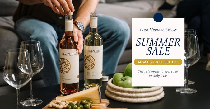 A person opens a bottle of wine next to glasses, snacks, and green apples on a table. A sign reads: Club Member Access Summer Sale. Members get 30% off. Sale opens to everyone on July 21st.