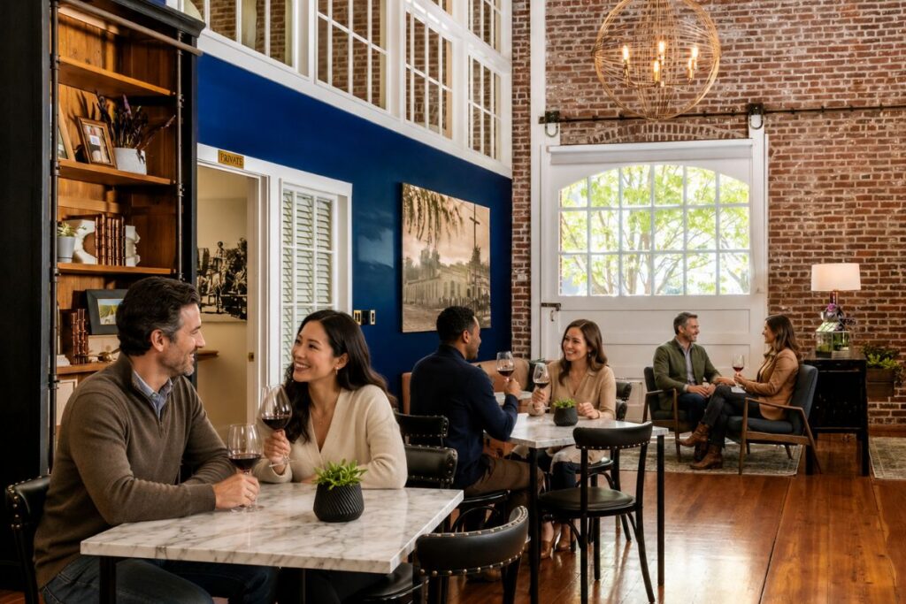 People sit at marble tables in a cozy, modern cafe with brick walls, chatting and drinking wine. Large windows let in natural light, and a big, round chandelier hangs from the ceiling.